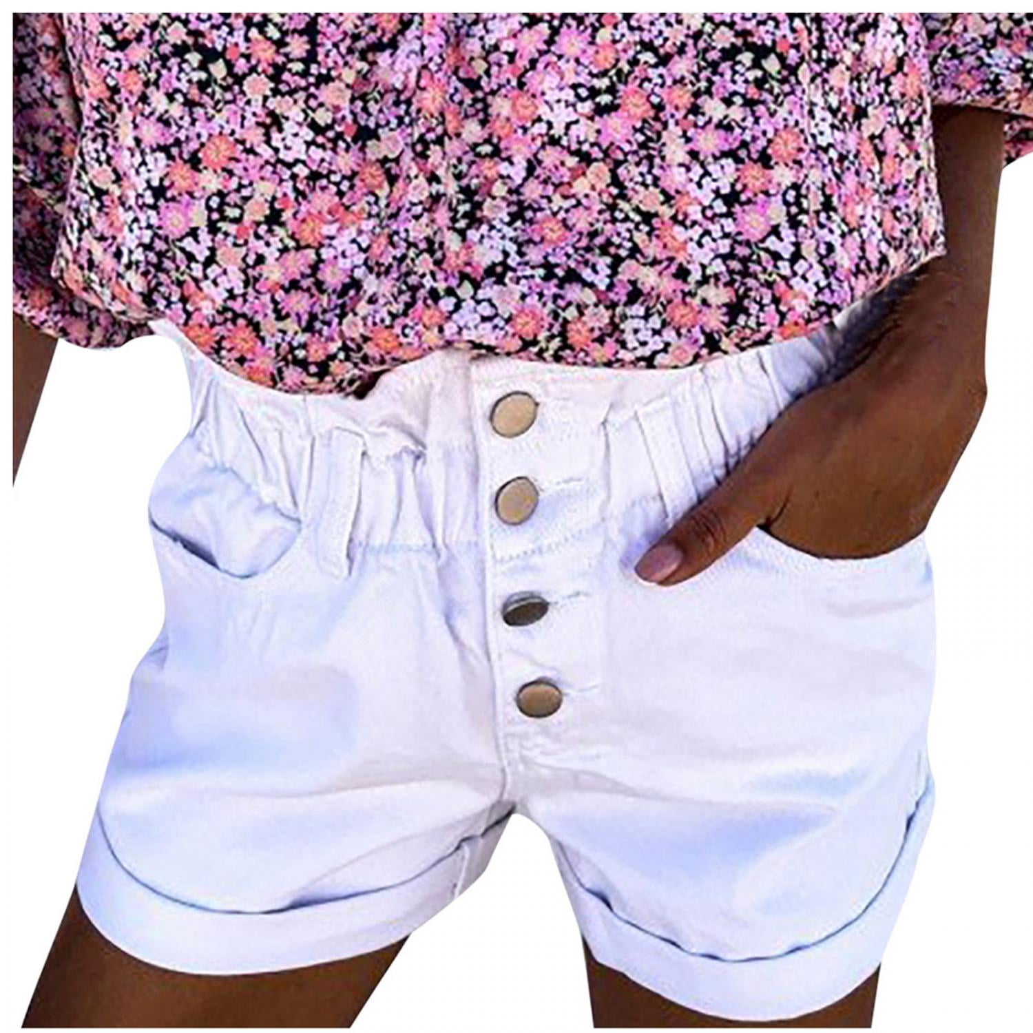 HTNBO Womens Jean Shorts for Summer with Pocket Fashion Solid Floded