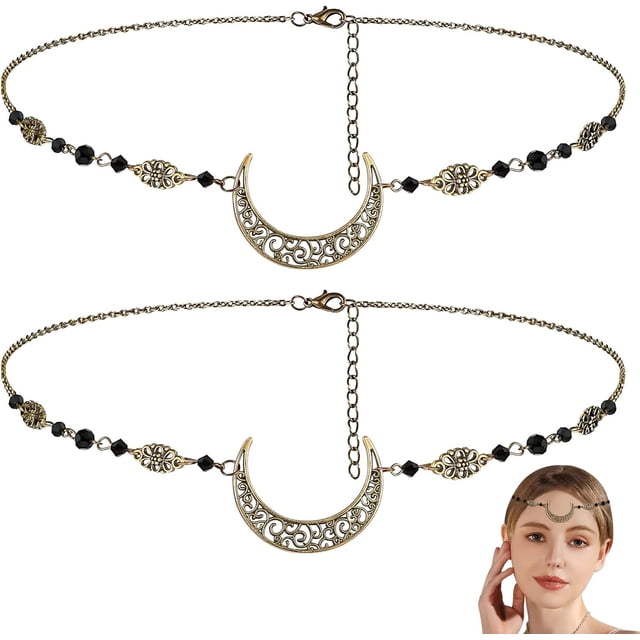 2 piezas de cadena bohemia para la cabeza, colgante de luna hueca, tocado de cristal, cadena para la cabeza Vintage, accesorios para el cabello, joyería