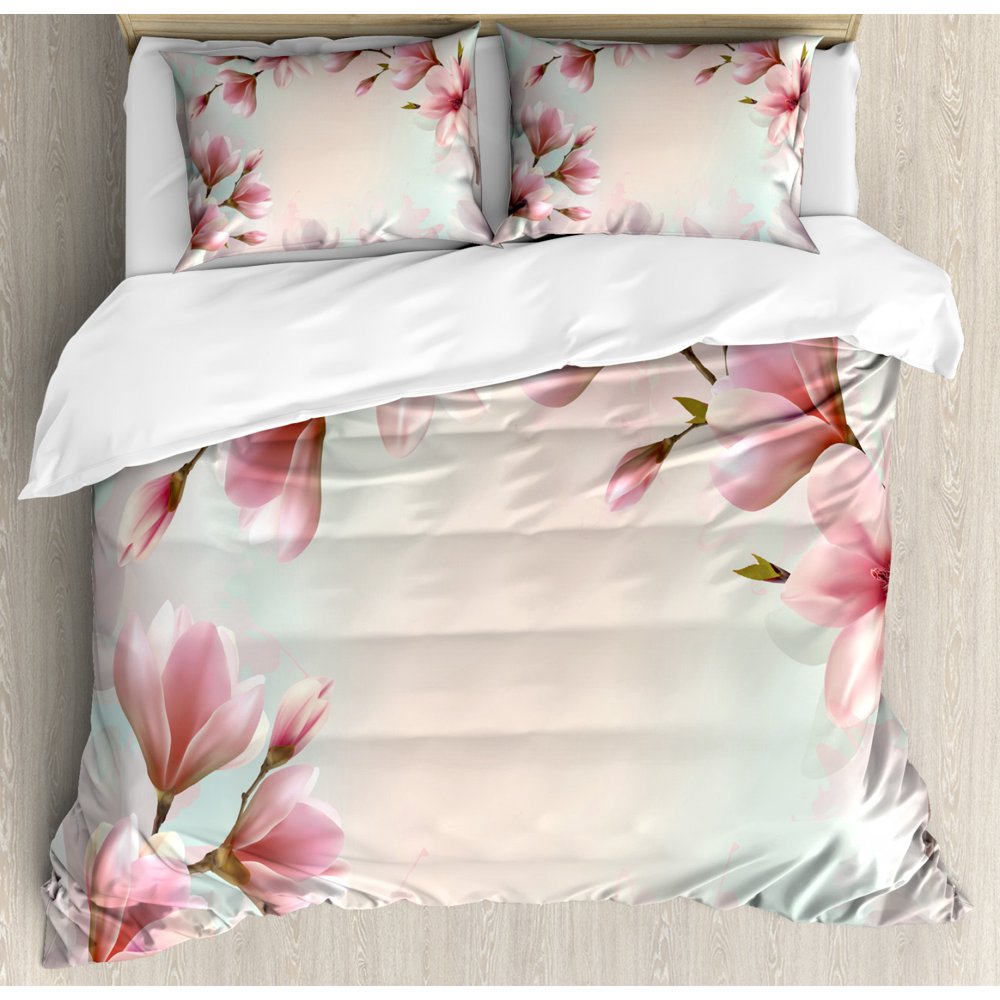 Magnolia Queen Size Duvet Cover Set, Double Exposure Effect Fragile
