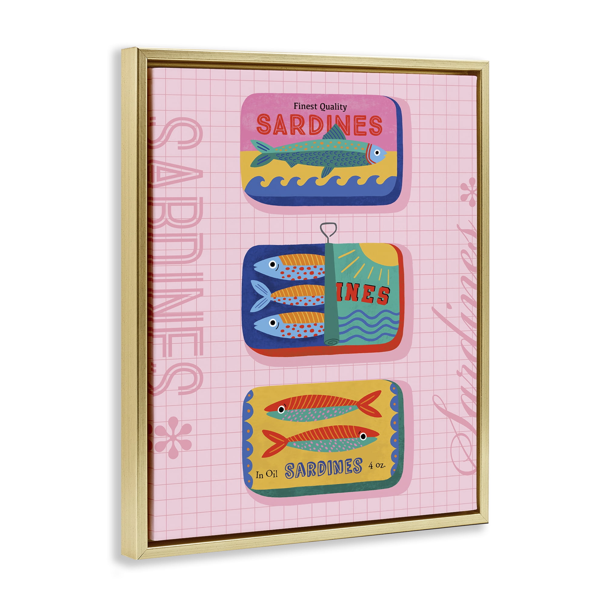 Stupell Industries Bright Sardine Can Designs Food & Beverage Painting Gold Floater Framed Canvas Art Print Wall Art, 25 x 31