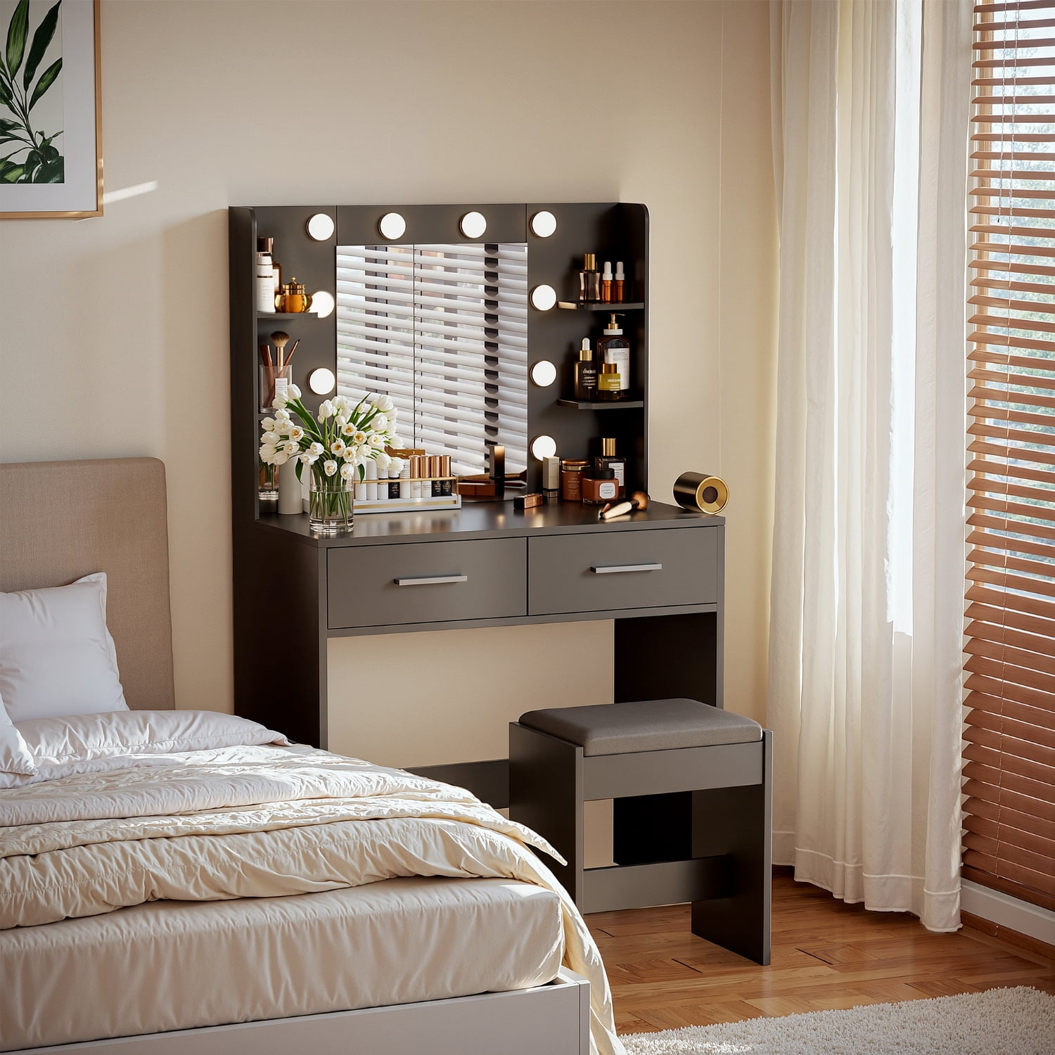 Vineego Makeup Vanity Desk with Lighted Mirror & Power Outlet, Makeup Vanity with stool,Black