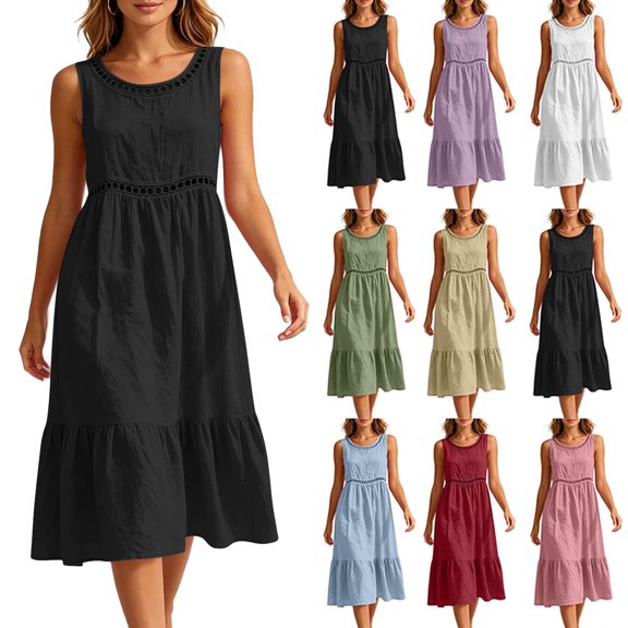 Beach Dress Sleeveless Travel Vacation Sundress Women Fashion Casual Round-Neck Dress Solid Sleeveless Dress Black L