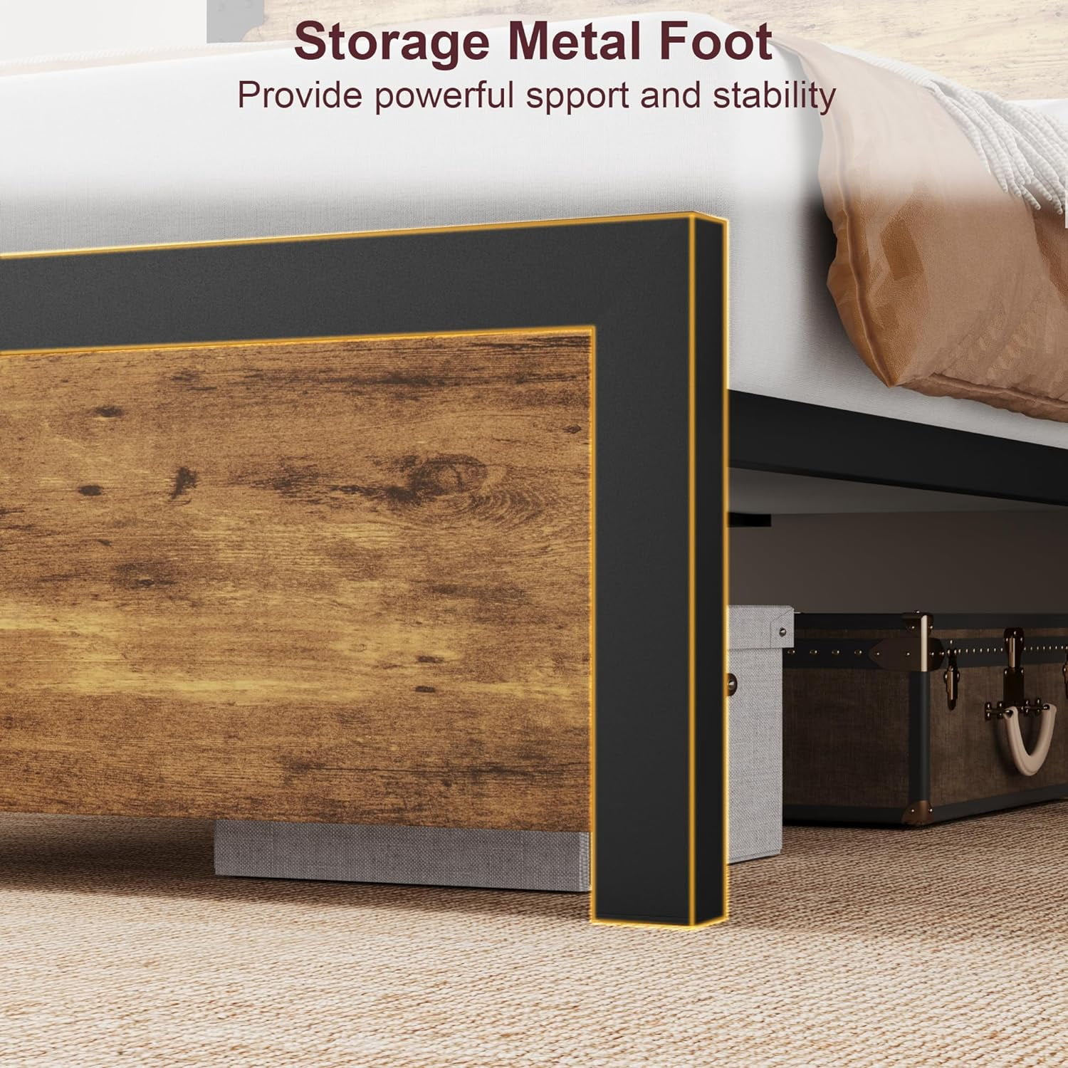 King Size Bed Frame with Wooden Headboard – Features a Platform Design with Under-Bed Storage and Metal Legs. Noise-Free Operation, No Box Spring Required, and Easy Assembly – Rustic Brown