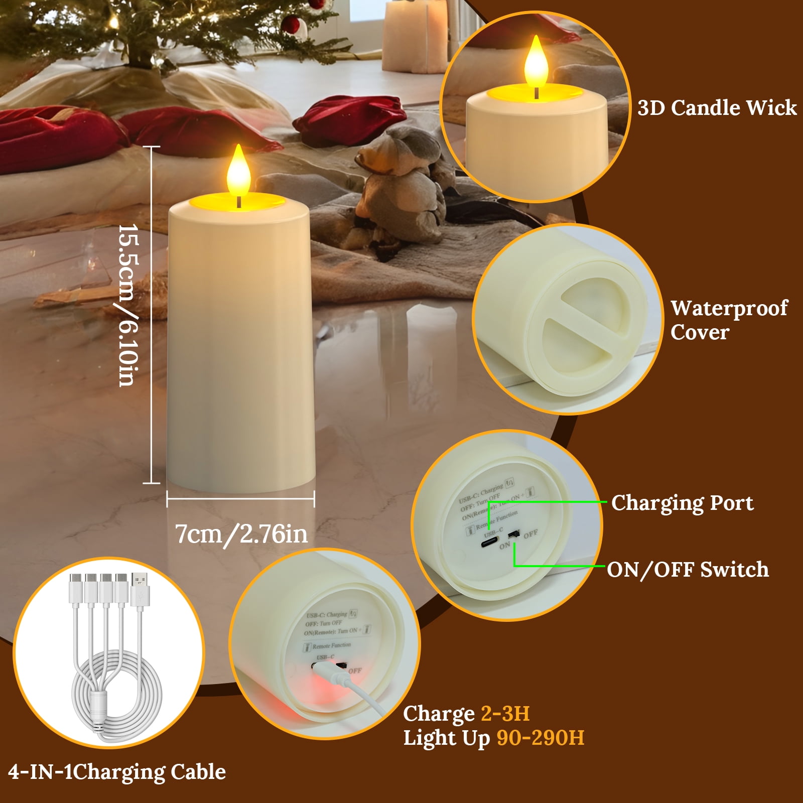 PChero Outdoor Waterproof Rechargeable Candles with Remote Timer, 2.7" x 6.1" Outdoor Candles Flickering Flameless Pillar Candles Battery Operated, Electric Fake LED USB Candles , Ivory, Set of 4