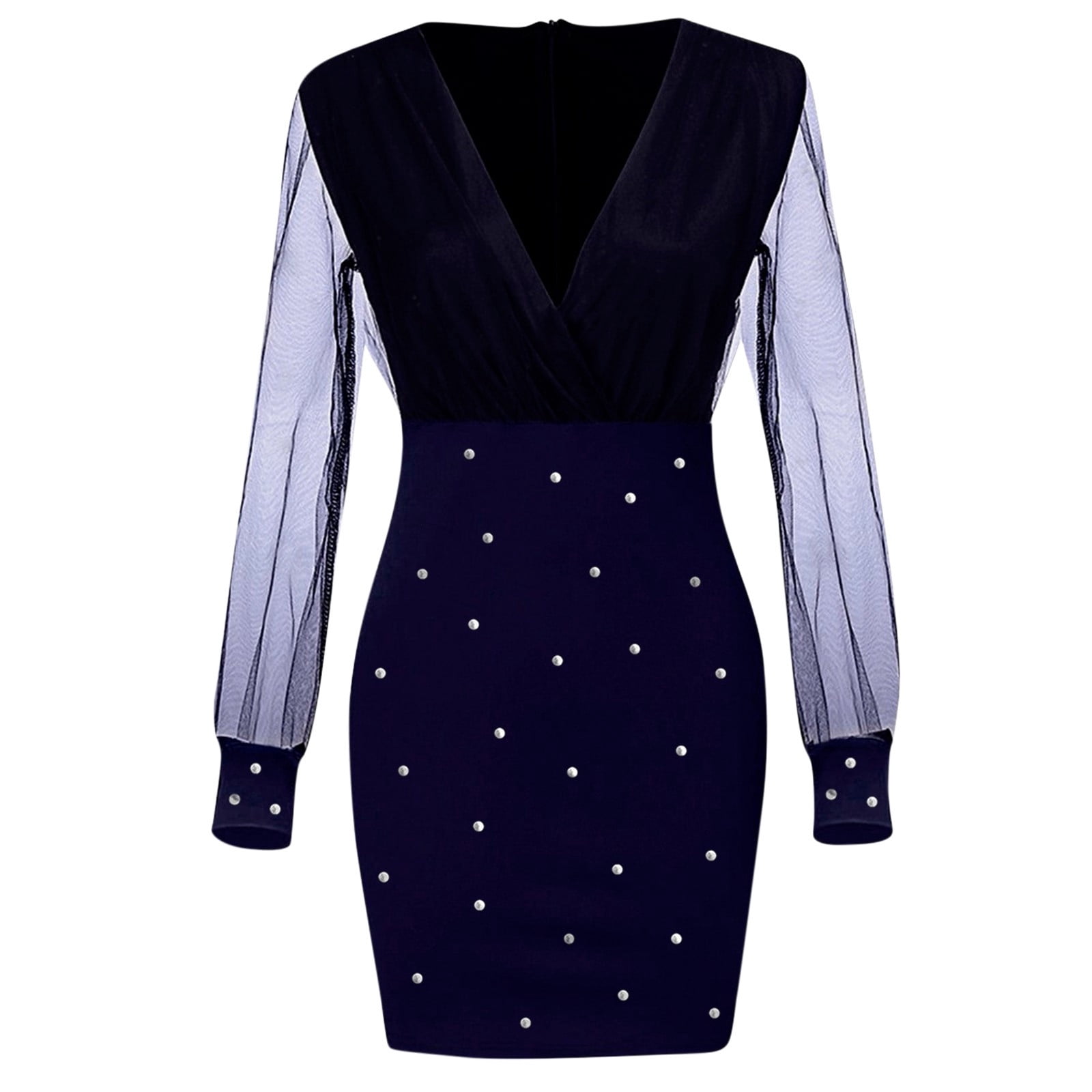 JGGSPWM Women's Sheer Long Sleeve V Neck Mini Dress Pearl Beading Dresses Navy L