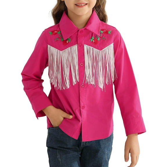 Fdqin Girls Western Shirt Floral Embroidered Cowgirl Shirts for Girls Long Sleeve Collared Retro Cowgirl Costume Cute Casual Blouses Hot Pink 7-8 Years