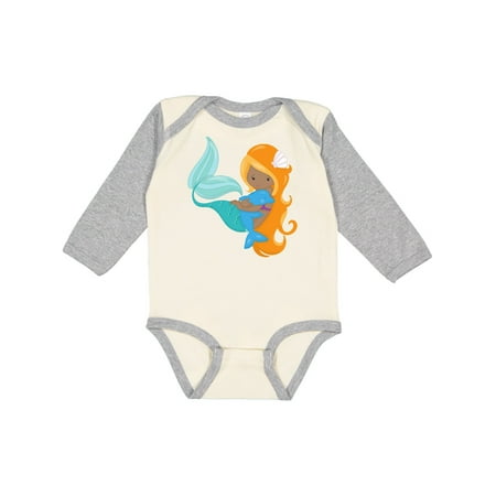 

Inktastic African American Mermaid With Orange Hair Dolphin Gift Baby Girl Long Sleeve Bodysuit