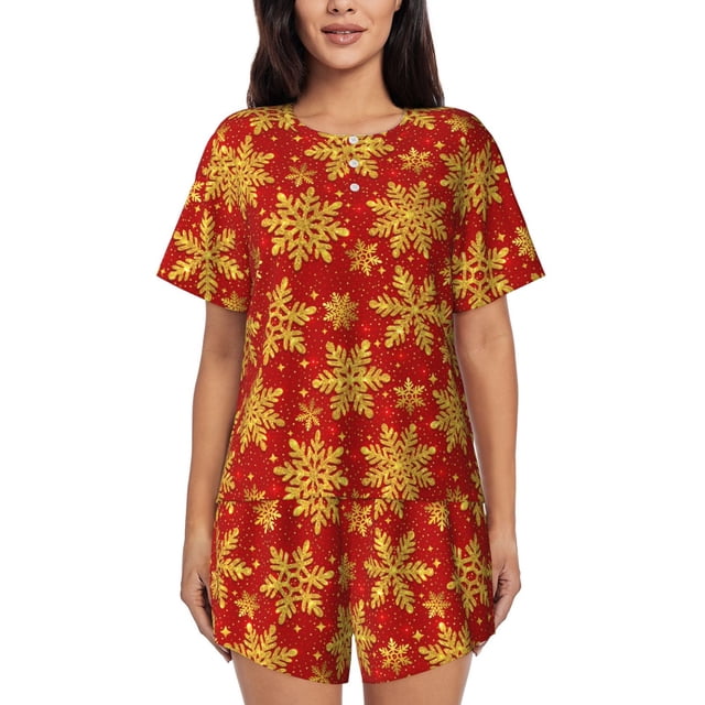 Fotbe Christmas With Gold Snowflakes Conjunto de Pijama Estampado para Mujer, 2 Piezas, Ropa de Dormir con Camiseta de Manga Corta y Shorts Suaves-Large