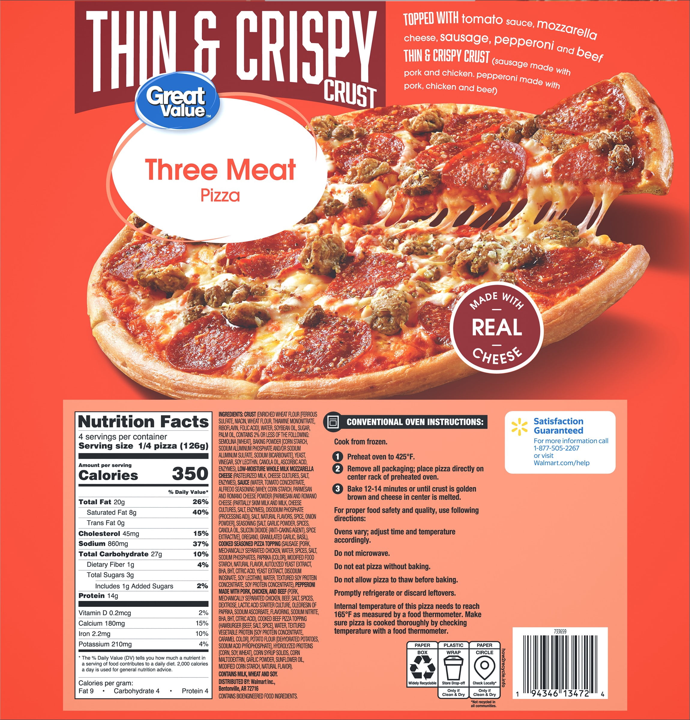 Great Value Thin Crust Three Meat Pizza, Tomato Basil Garlic Sauce, 17.8 oz (Frozen)