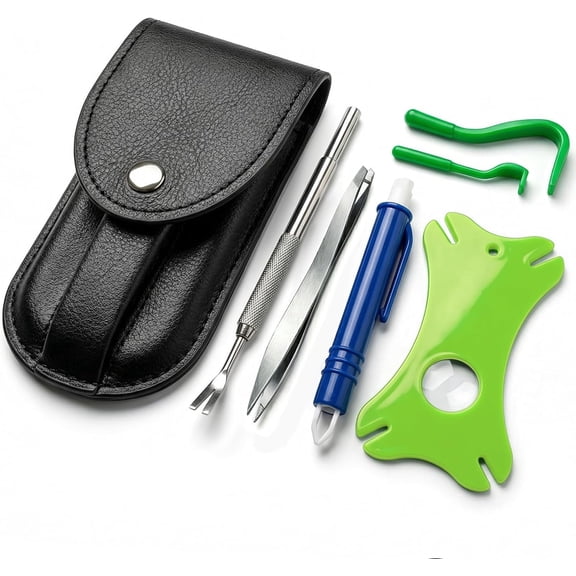 6-in-1 Tick Remover Kit – Tick Removal Tool Set with Stainless Steel Tweezers, Tick Card, Hooks & Leather Case – Tick Remover for Dogs, Cats & Humans