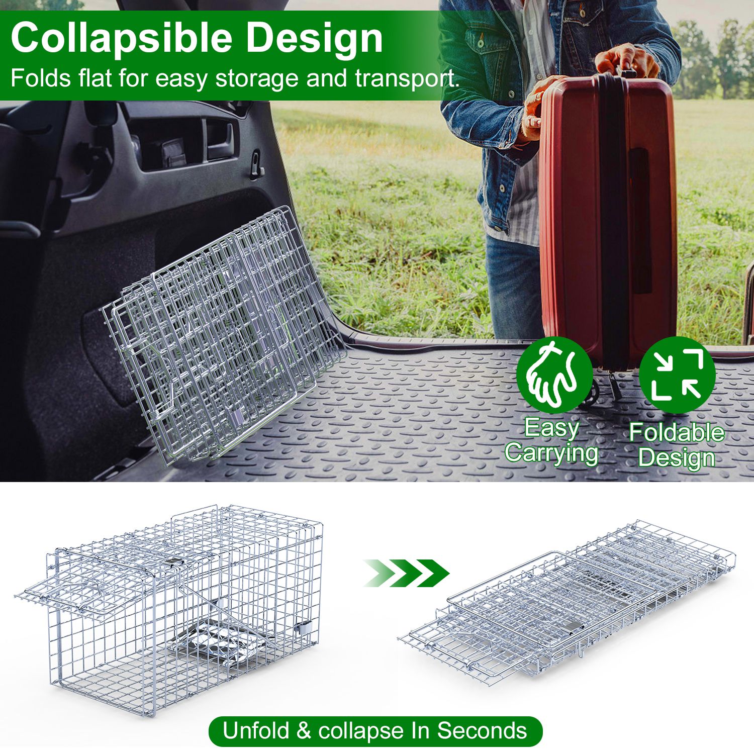 Imountek 2Pcs Humane Live Animal Trap Cage, Collapsible Galvanized Iron Rodent Trap Cage Catch and Release for Small Squirrel Raccoon Feral Cat, 18"x8"x10"