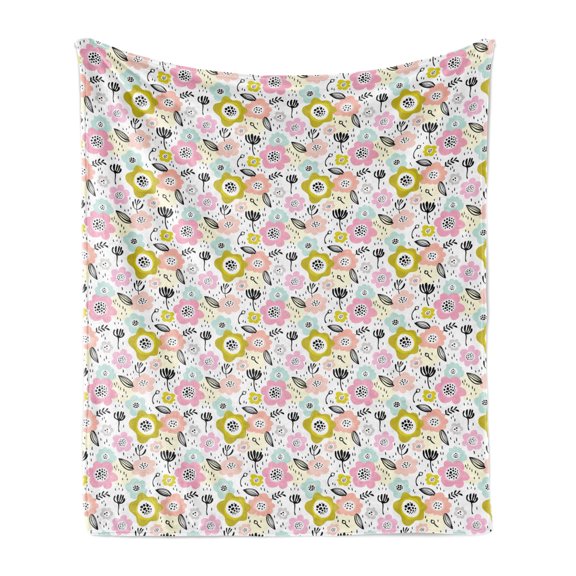 Floral Soft Flannel Fleece Throw Blanket, Leafy Design in Pastel Tones Polka Dots Flowers Brush Dashes Strokes Blossoming, Cozy Plush for Indoor and Outdoor Use, 70" x 90", Multicolor, by Ambesonne