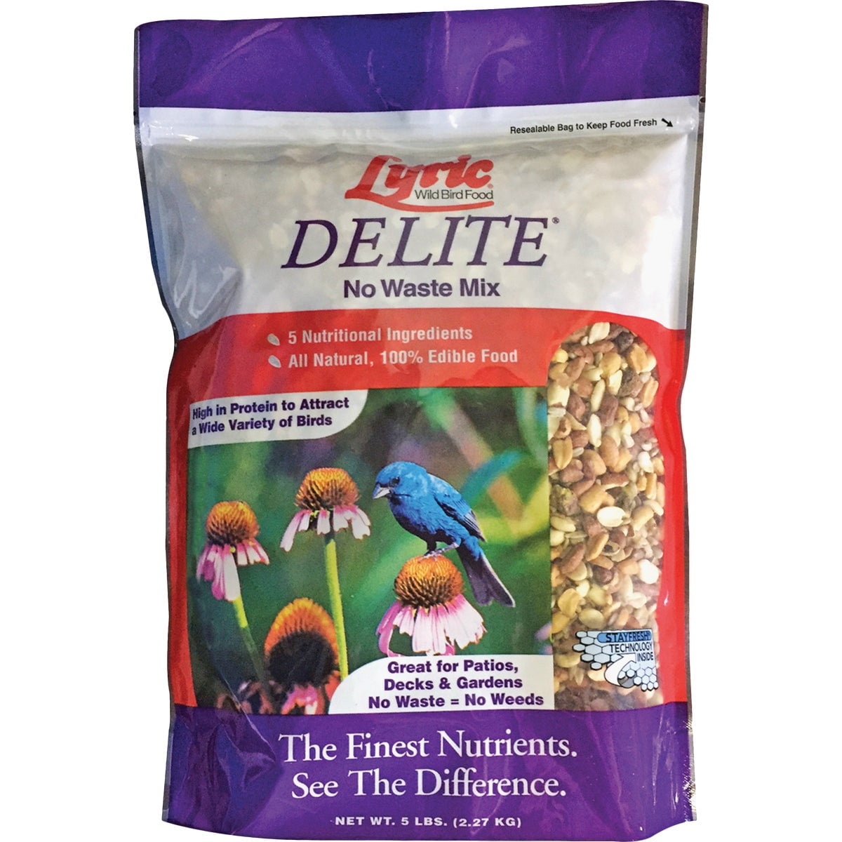 Lyric Delite Wild Bird Seed for Outside Feeders - No Waste Bird Food, Nuts & Seeds Mix, Attracts Buntings, Chickadees & Finches, 10 lb (Pack of 2-5 lb Bags)