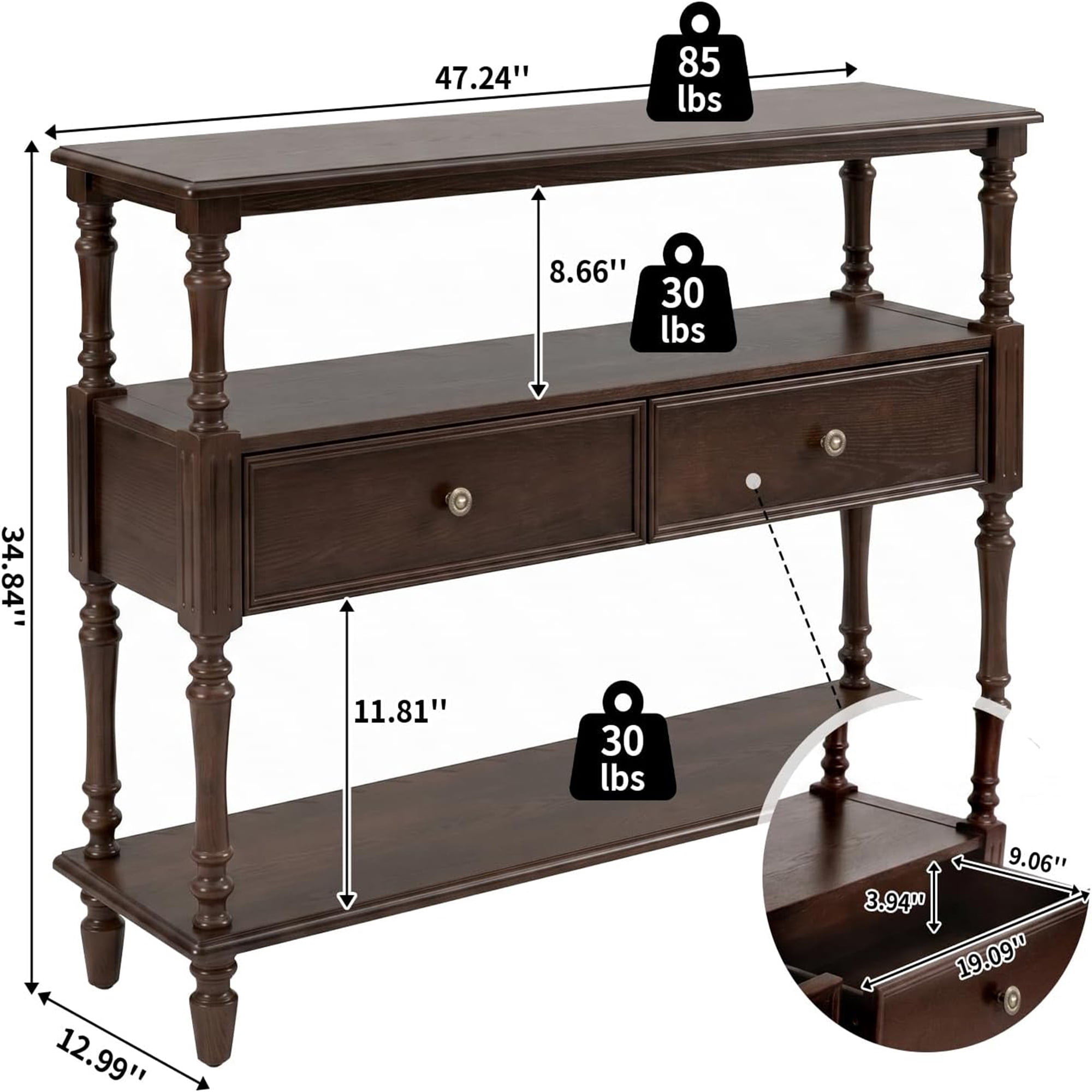 BFJDM Mid-Century Console Table with 2 Drawers and 3-Tier Open Shelves Solid Wood Veneer Rubber Wood Legs for Entryway Living Room Walnut