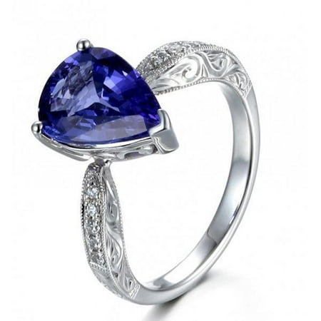 Diamond Blue Pear Sapphires Ring - Unique 2 Carat Pear Cut Shape Blue Sapphire and Diamond Antique Engagement Ring