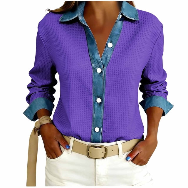 TaTaai Women's Loose Fit Blouse Long Sleeve Lapel Collar Waffle Knit Design Button Front Denim Style Casual Top Gift
