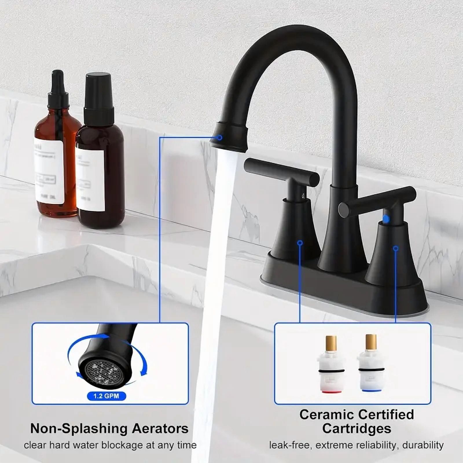 Matte Black Bathroom Sink Faucet 3Holes 4in Centerset Vanity Mixer with Drain