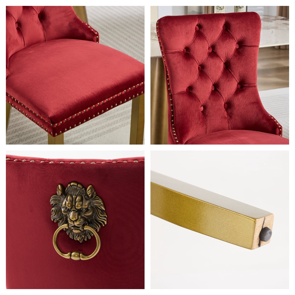 Mid-Century Velvet Dining Chairs, Wine Red, Gold Solid Wood Legs & Lion Pulls, Set of 2