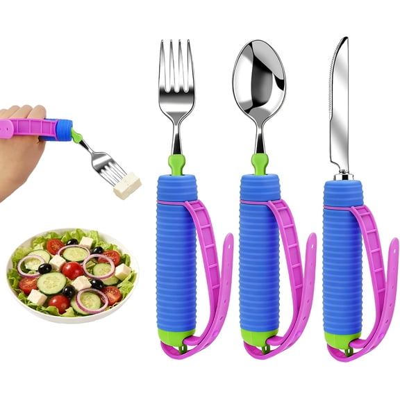 3 Pcs Adaptive Utensils for Disability, 360°Gadgets Swivel Fork Spoon with Adjustable Silicone Strap for Weak Hand Grip & Handicapped & Parkinsons Travel Eating Utensils for Disabled, Elderly