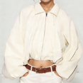 thumbnail image 5 of Sewkxo Womens Cropped Puff Sleeve Bomber Jacket Lapel Collar Pleated Full Zip Coat Spring Loose Fit Trendy Outerwear,Beige S, 5 of 8