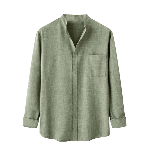 Odeerbi Mens Cotton Linen Shirt Trendy Stand Collar Long Sleeve Solid Color Tops Khaki