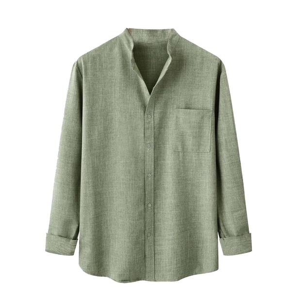 Tops de Otoño Para Hombre, Camisa de Lino Y Algodón de Color Sólido de Manga Larga Con Cuello Levantado de Invierno A La Moda Odeerbi ODB181740