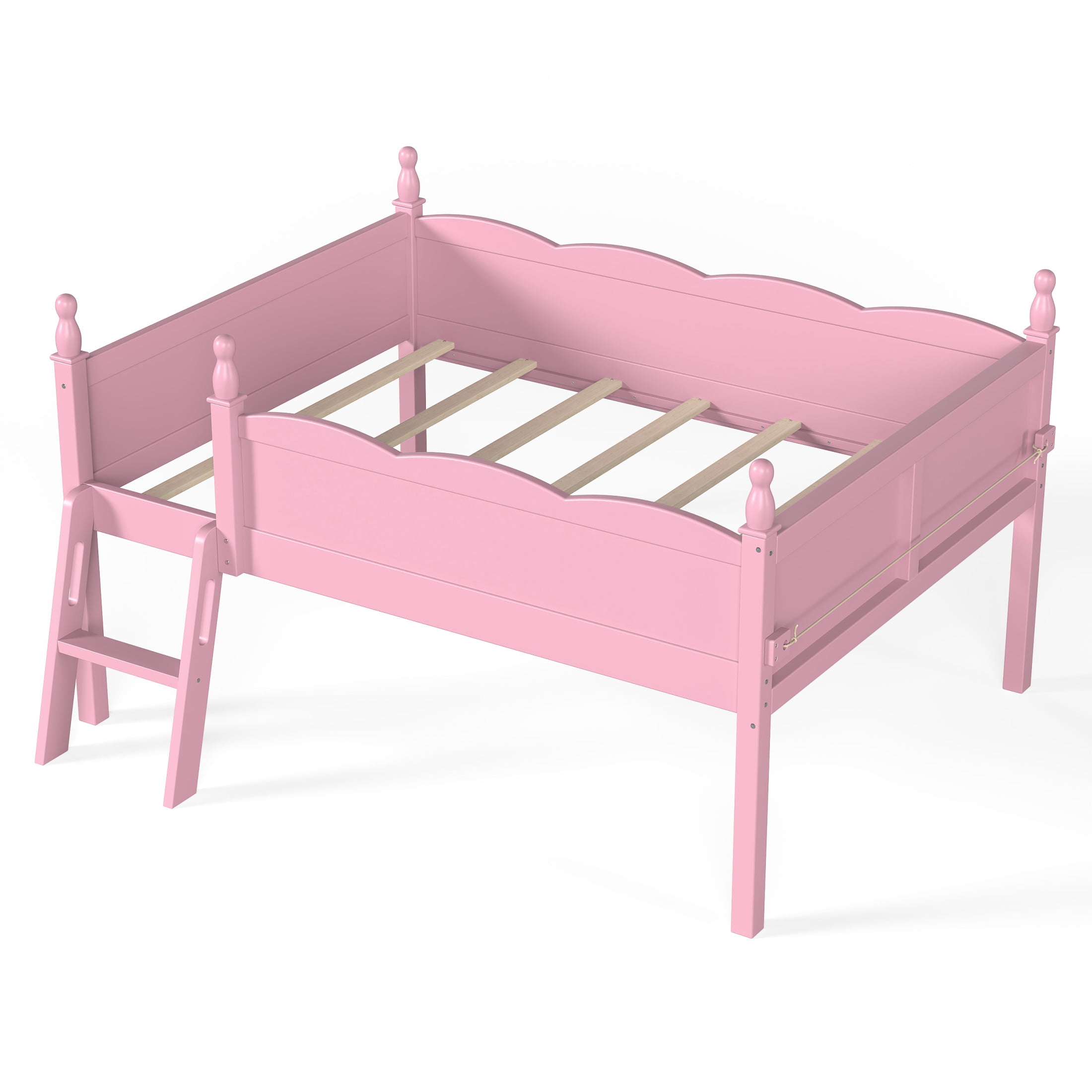 GDF Studio Full Size Low Loft Bed with Guardrails, Ladder & Side Bookshelf, Chic Design, Pink
