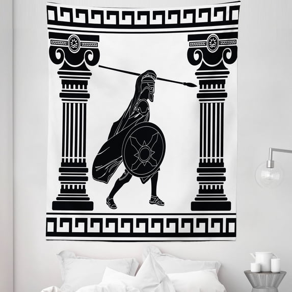 Retro Tapestry, Black Warrior Silhouette Ready to Attack Between Ionic Palace Columns, Fabric Wall Hanging Decor for Bedroom Living Room Dorm, 5 Sizes, Black White, by Ambesonne