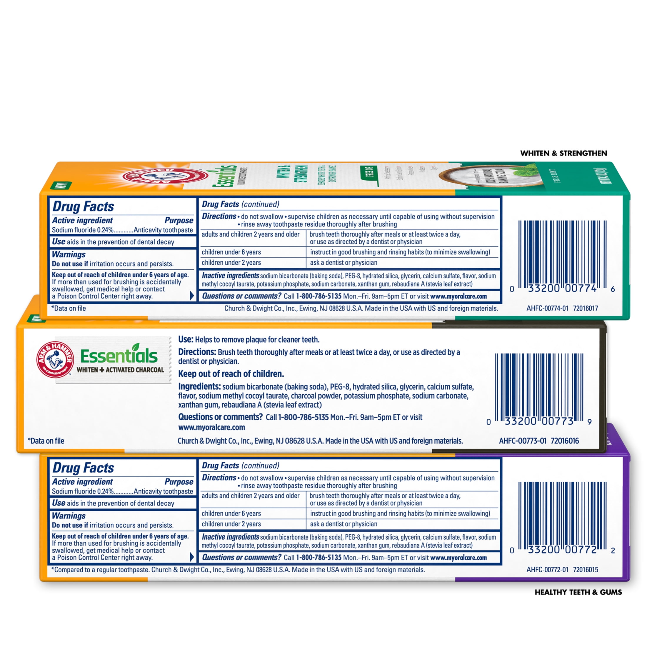 (2 pack) ARM & HAMMER Essentials Fluoride-Free Toothpaste Whiten + Activated Charcoal-One  4.3oz Tube, Clean Mint- 100% Natural Baking Soda