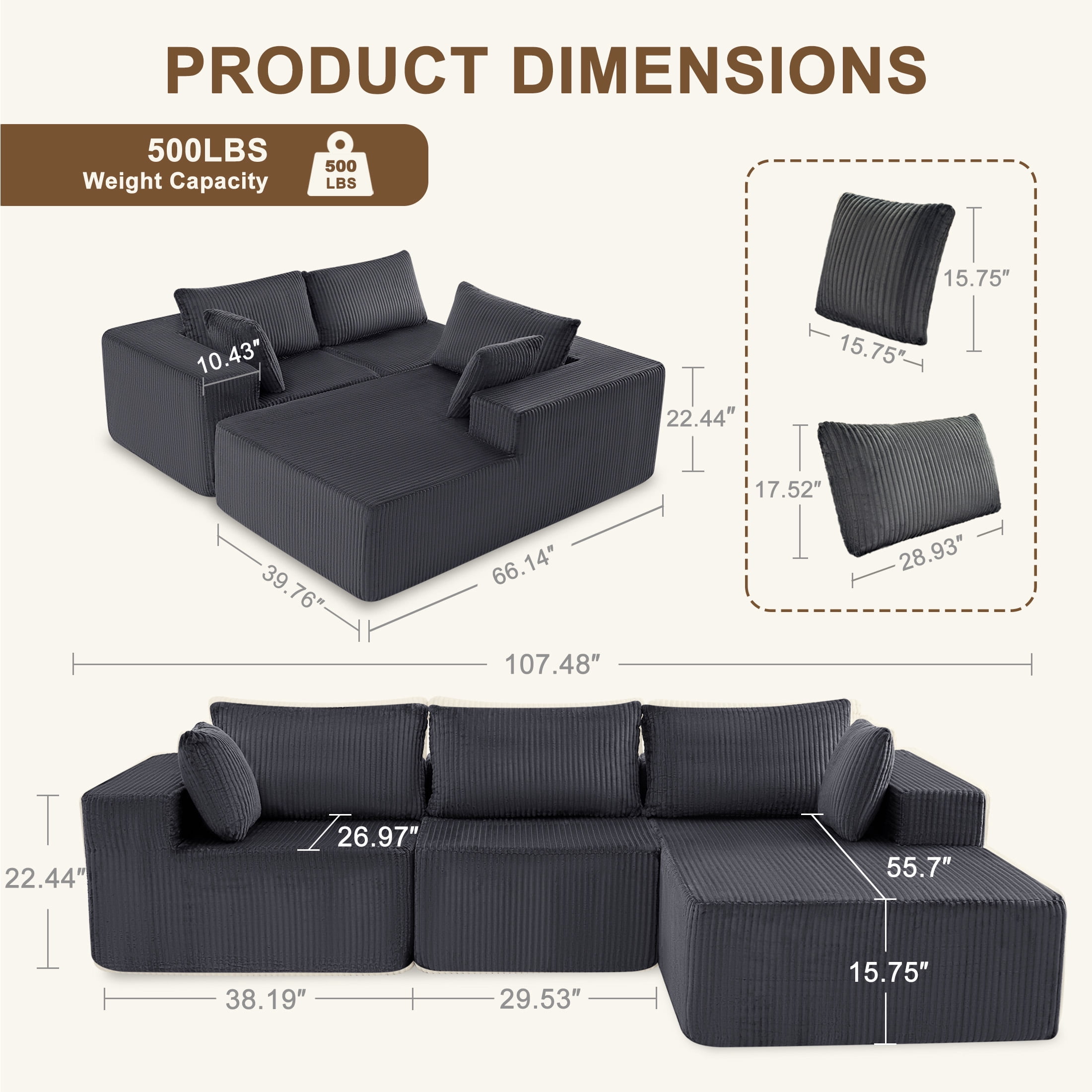 edx 108" Convertible Sectional Couches Comfy Fluffy 4 Seat Memory Foam Sectional Sofa Upholstered Couches for Living Room Bedroom,No Assembly Required,(Right Facing Chaise)Dark Grey