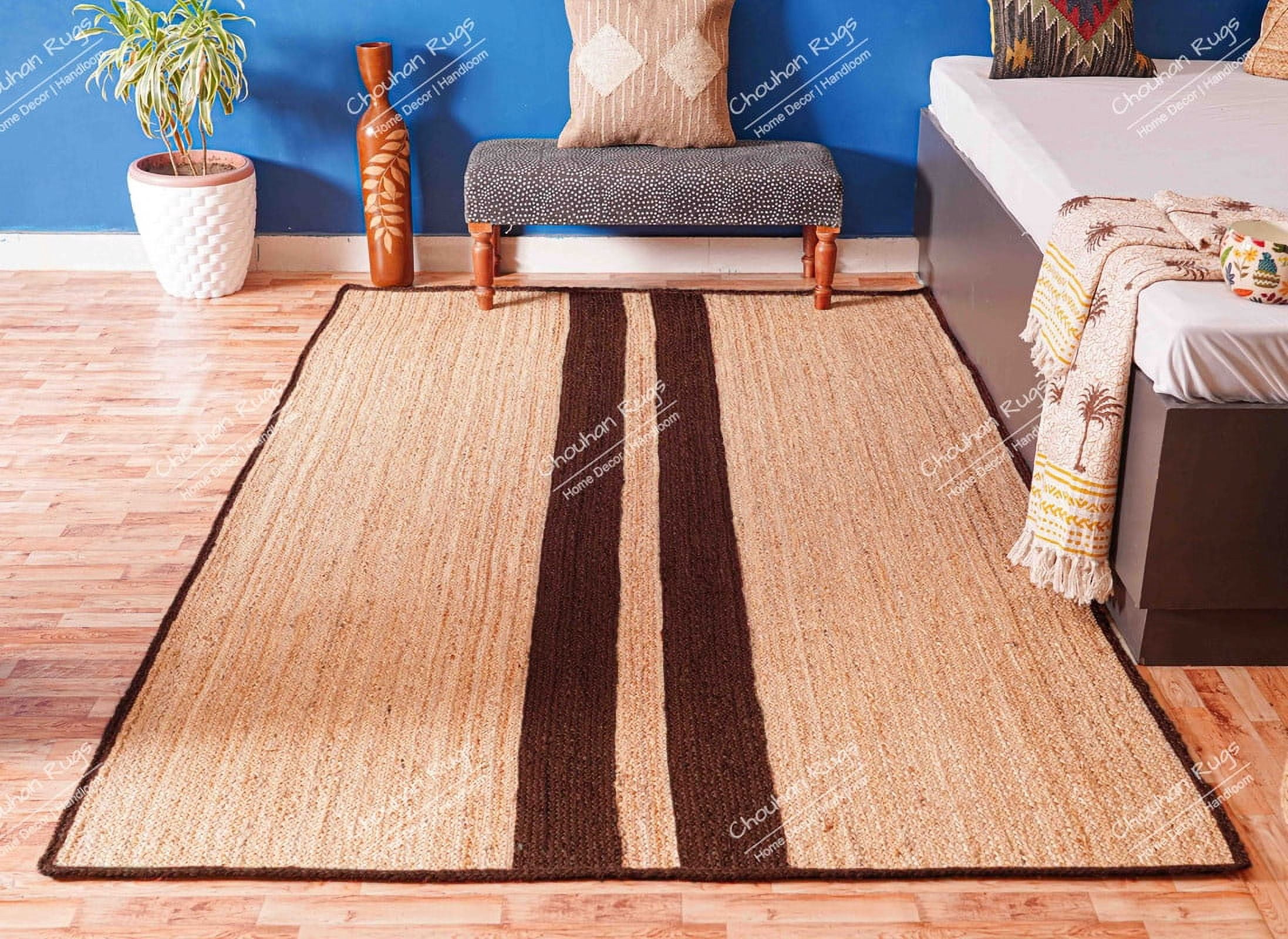 Chouhan Rugs Natural Jute Brown Lined Rug Bohemian Rug Decor Rug Handwoven Rug Custom Rug Decorative Rug