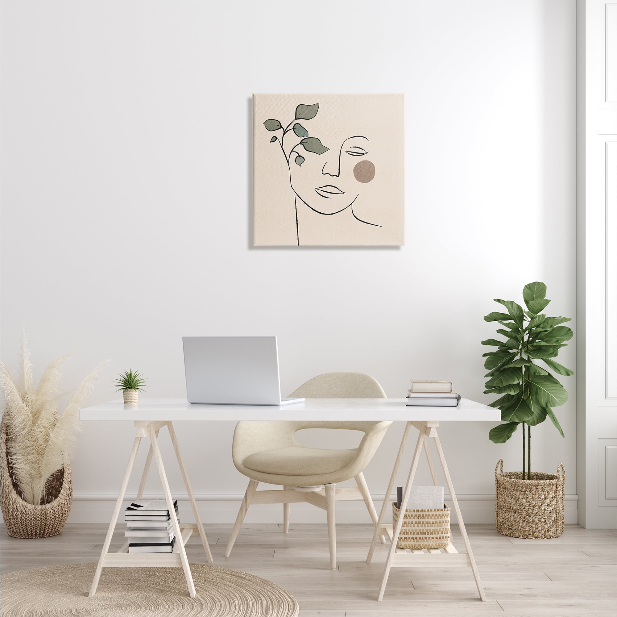 Stupell Indtries Soft Female Face Line Drawing Abstract Plant Sun,24 x 24,Design by JJ Design Hoe LLC