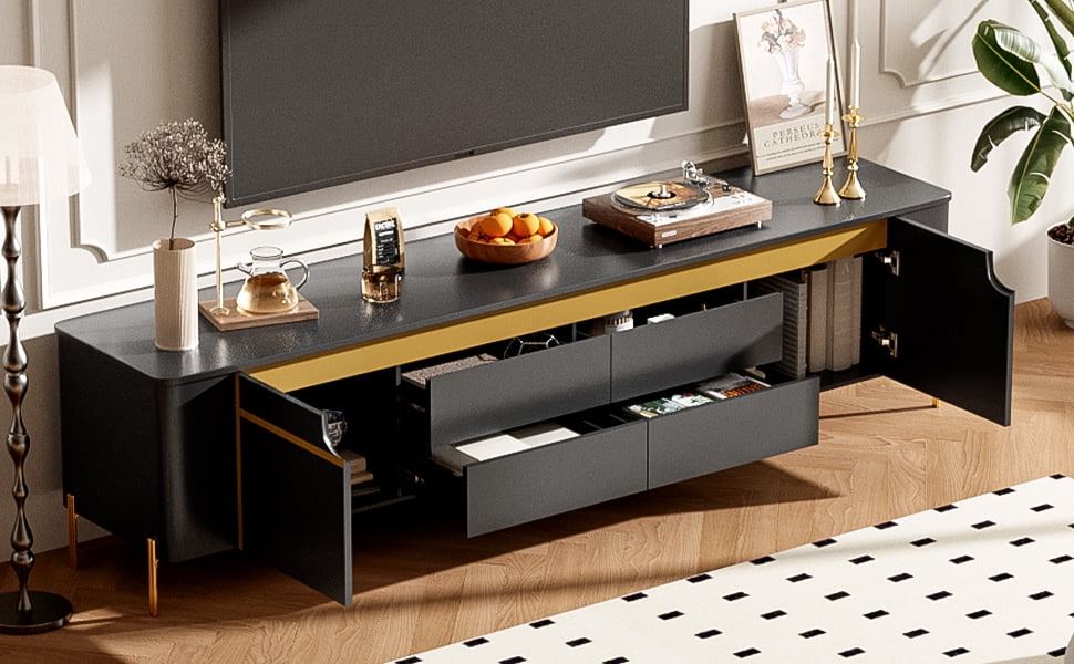 Euroco Light Luxury TV Stand with 2 Cabinets and 4 Drawers – Gold Metal Legs, Cable Management, Concealed Handles – Modern Entertainment Center for Living Room