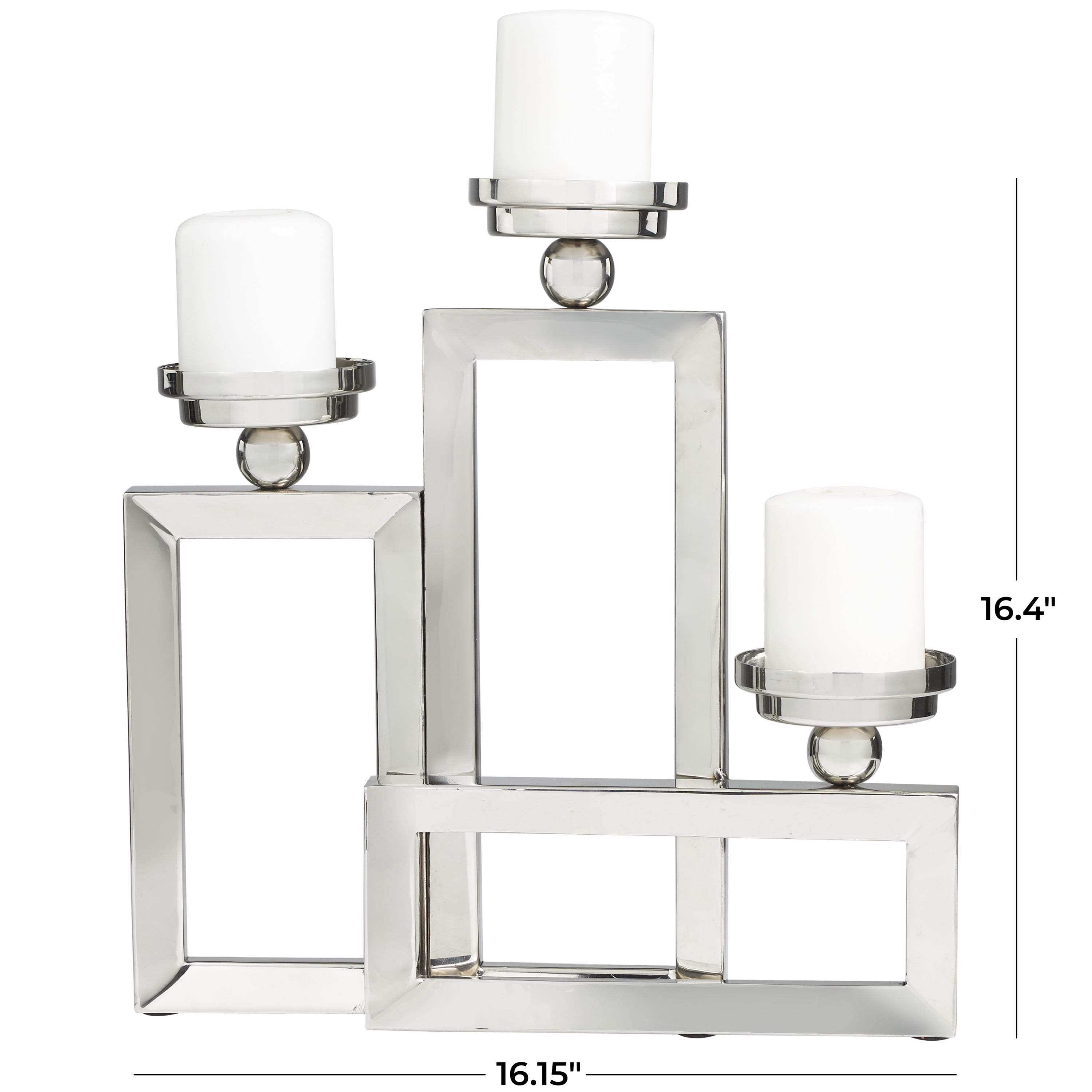 DecMode 3 Holder Silver Stainless Steel Geometric Open Frame Candelabra with Various Rectangles