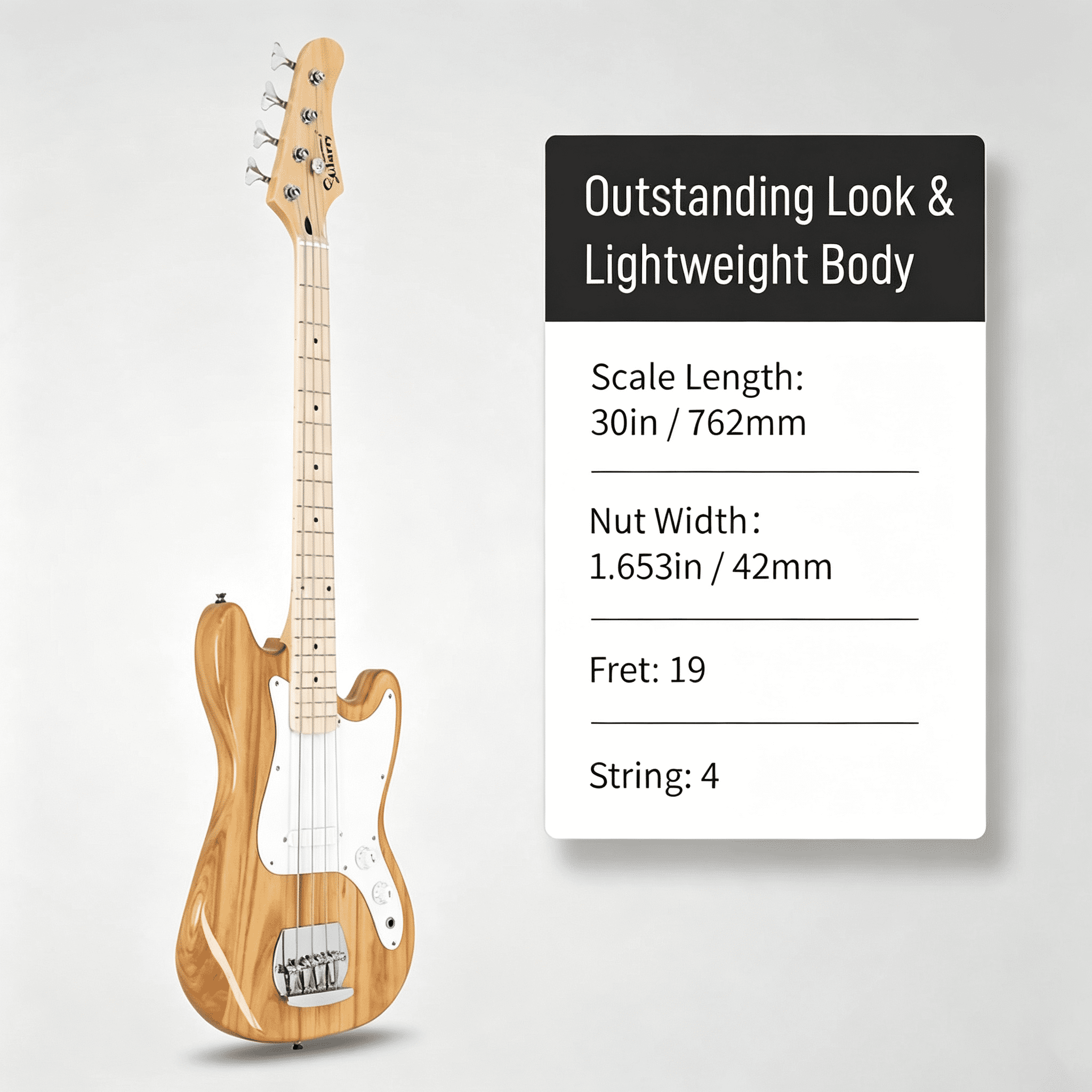 4 String 30in Short Scale Thin Body GB Bass Guitar with Bag Strap Connector Wrench Tool Burlywood
