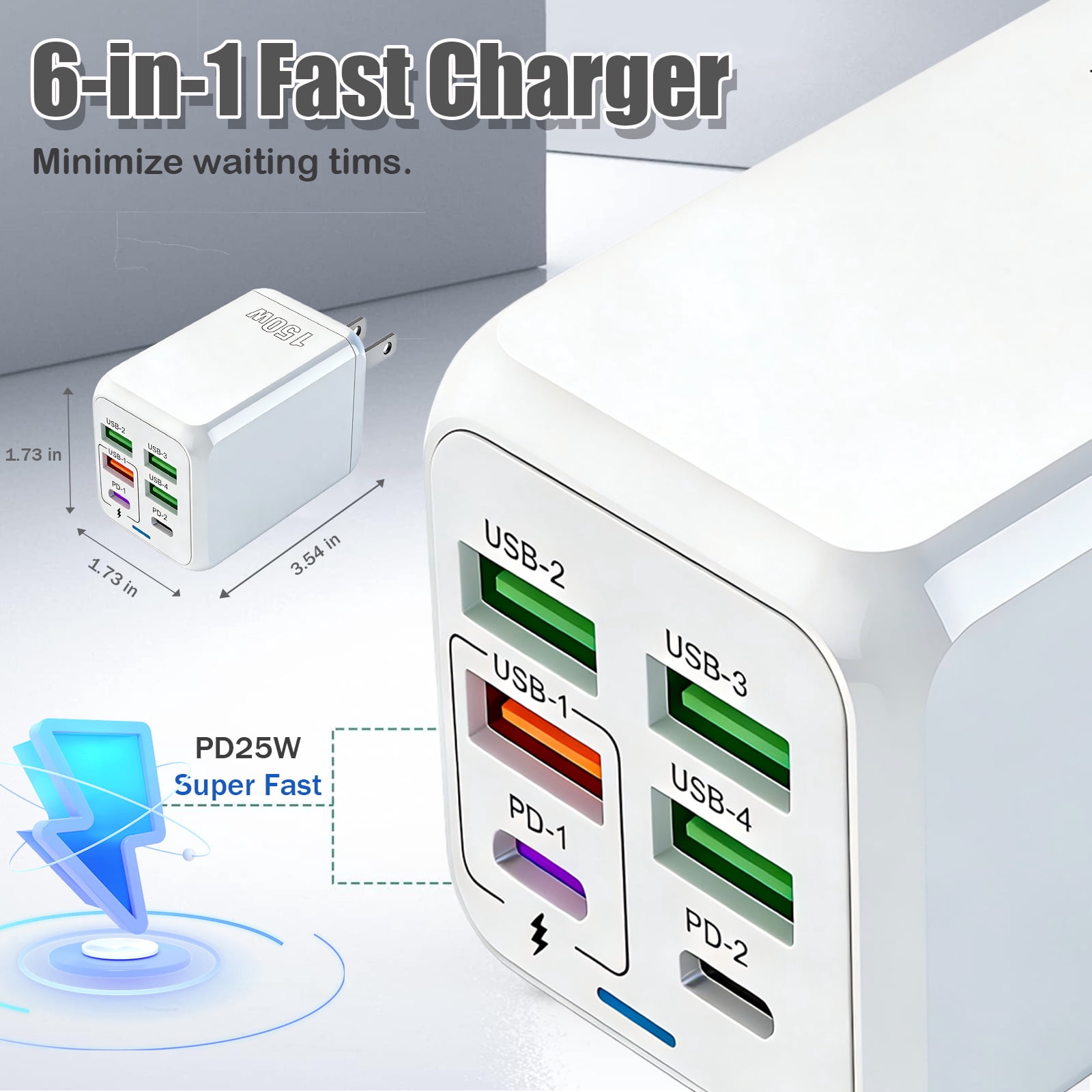RONY USB C 150W Charger Block: 6-Port Fast Charging Block Power Adapter Compatible with iPhone Samsung Galaxy, White
