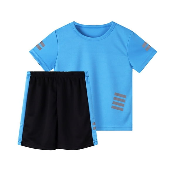 AVTOIFY Kids Clothes, Baby Outfits, Baby Clothes, Summer Boys' Round Neck Short Sleeved Reflective Strip Mesh Easy Drying Set Sports and Leisure Shorts Two-piece Set Blue 6 Years