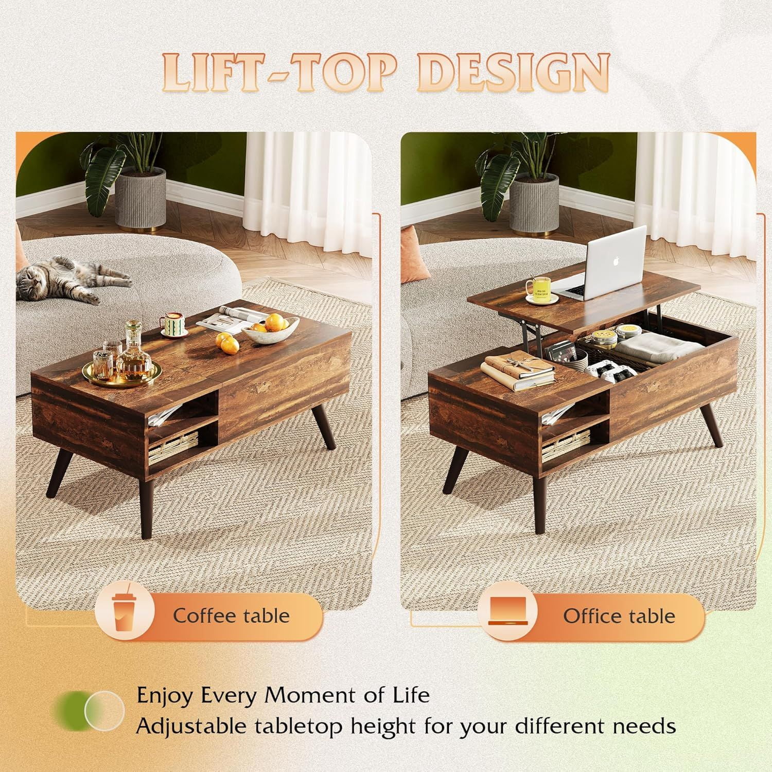 Lift Top Coffee Table with Hidden Storage Compartment Side Shelves, Modern Lift Tabletop Dining Desk with Steel Frame, Farmhouse Center Table for Living Room Home Office