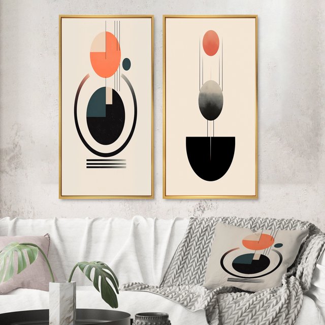Designart "Retro Minimalist Moon Harmony Lovely Rhythms IV" Transitional Framed Wall Art Set Of 2 - Abstract Gold Framed Wall Art Set Of 2