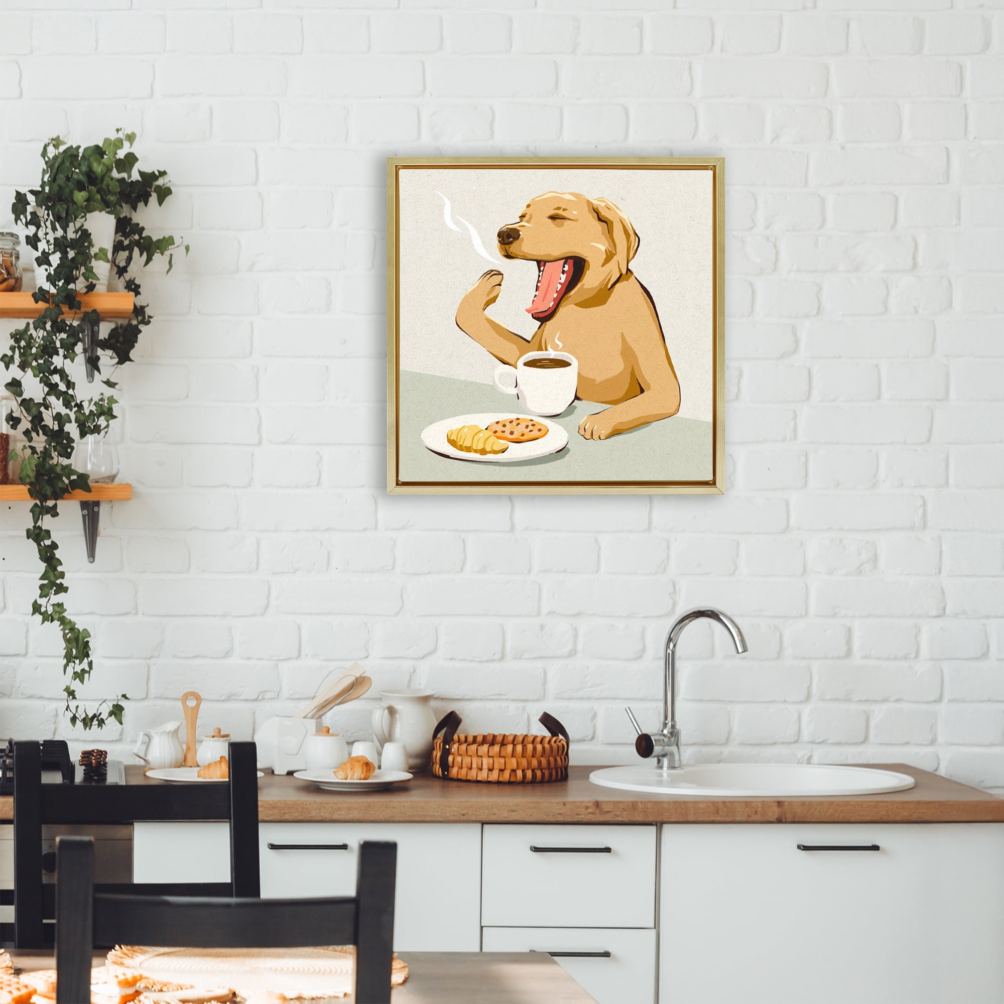 Stupell Industries Yawning Dog Morning Coffee Gold Framed Floater Canvas Wall Art, design by Ziwei Li