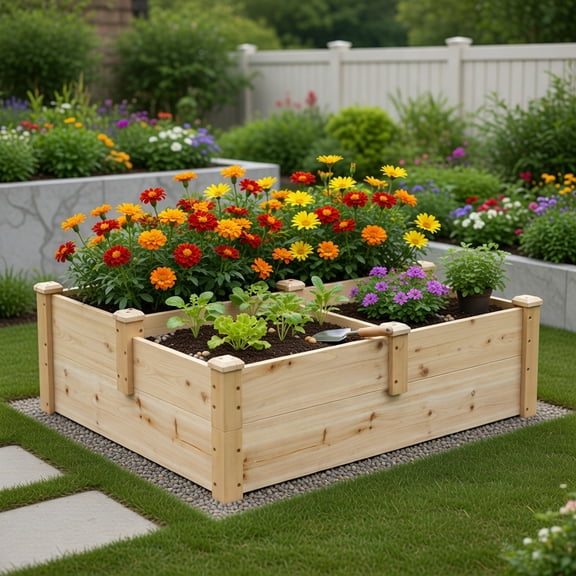 Topcobe 3-Tier Wooden Raised Garden Bed with Open-Ended Base, Planters for Outdoor Plants, Raised Garden Beds Outdoor, Natural