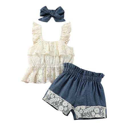 

wybzd Infant Baby Girl Tanks Lace Vest Tops+Denim Shorts+Bow Headband Lace Flowers Ruffle Summer Clothing 3Pcs Set Apricot