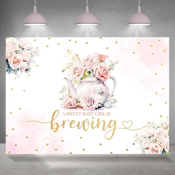7x5FT Tea Baby Shower Backdrop A Sweet Baby Girl is Brewing Background Pink Floral Newborn Shower Birthday Party Decorations Banner Supplies Photo Booth Props