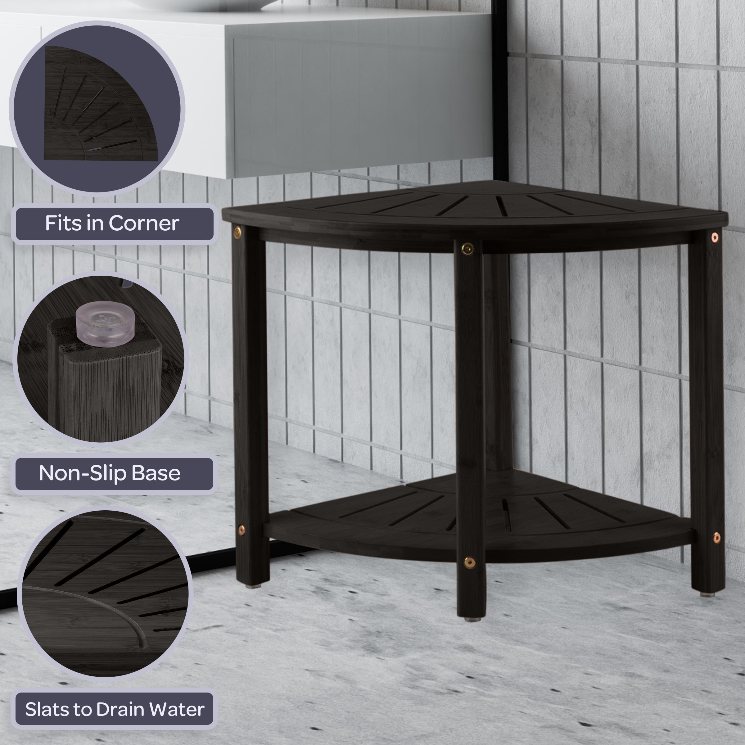 Lavish Home Corner Shower Bench, Black, Water Resistant, Bamboo Construction