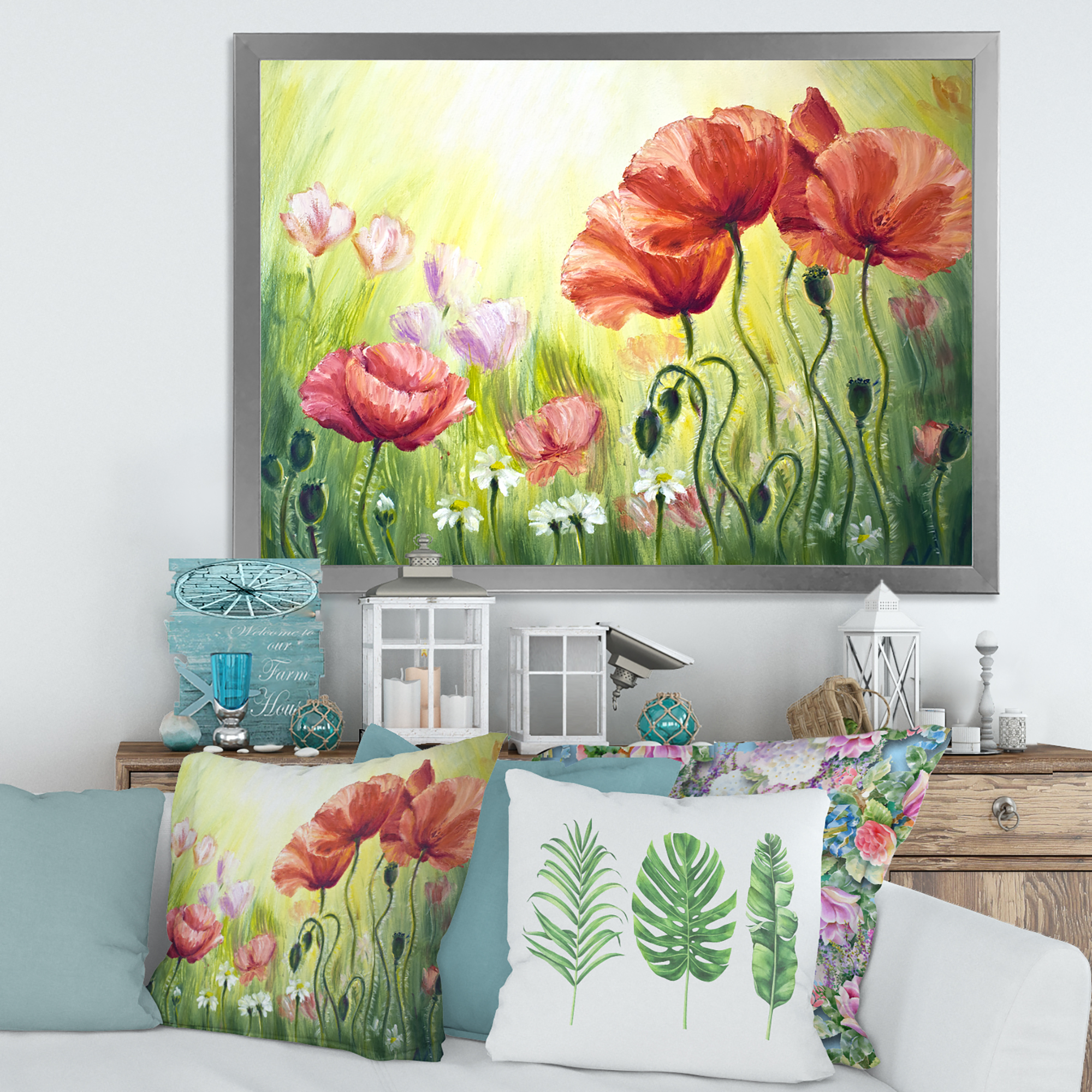 Designart 'Blossoming Red and Purple Poppies In The Morning I' Traditional Framed Art Print