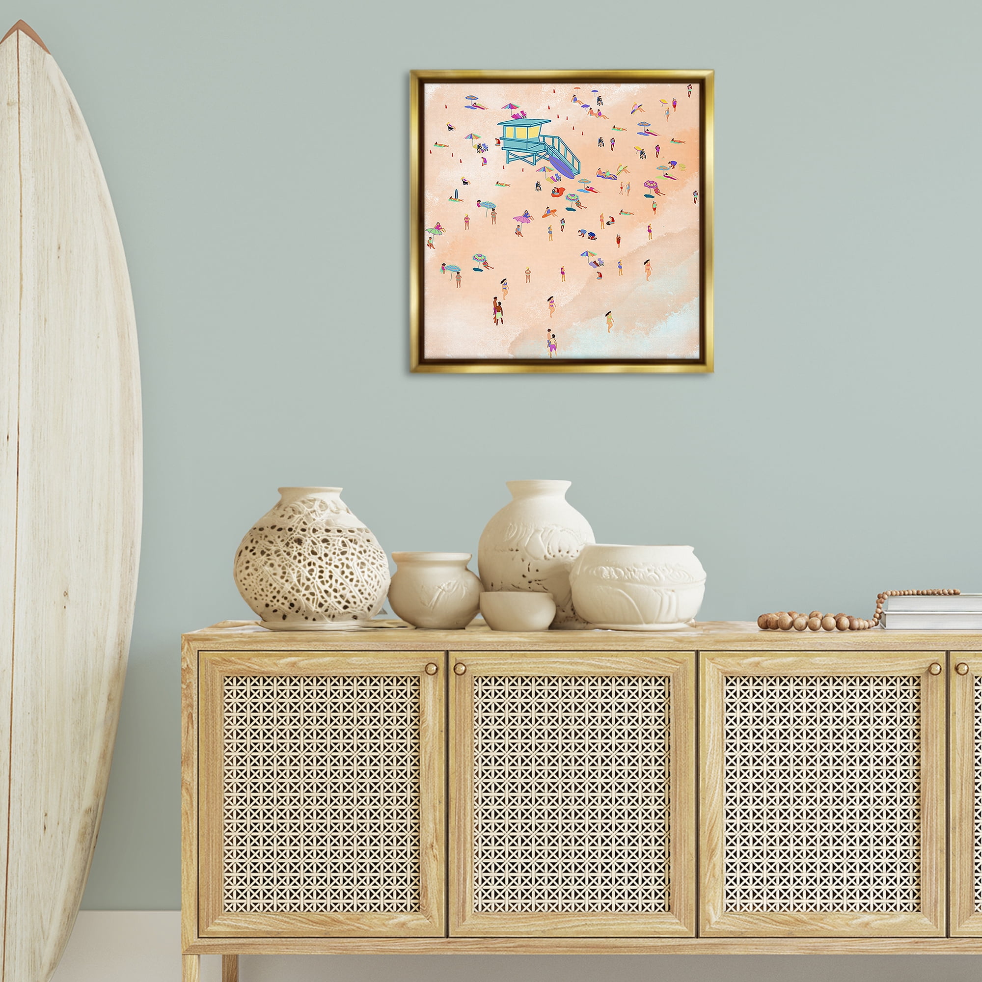 Stupell Industries Scatted Summer Beachgoers People Painting Gold Floater Framed Canvas Art Print Wall Art, 25 x 25
