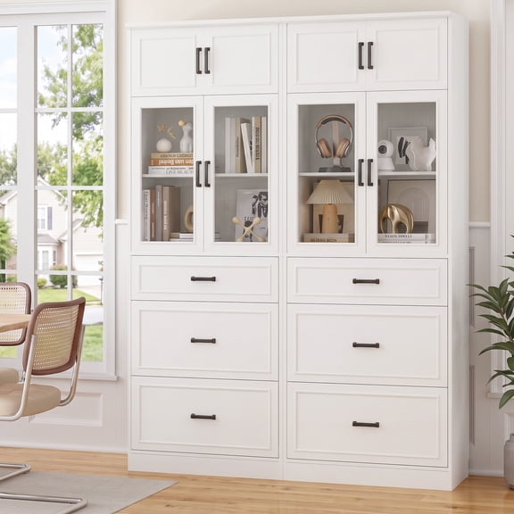 Homieasy 2-Pack 80" Tall Kitchen Pantry Storage Cabinets with Glass Doors, Adjustable Shelves & 3 Drawers - Versatile White Storage Cupboards for Kitchen, Dining, Living Room & Bathroom,White