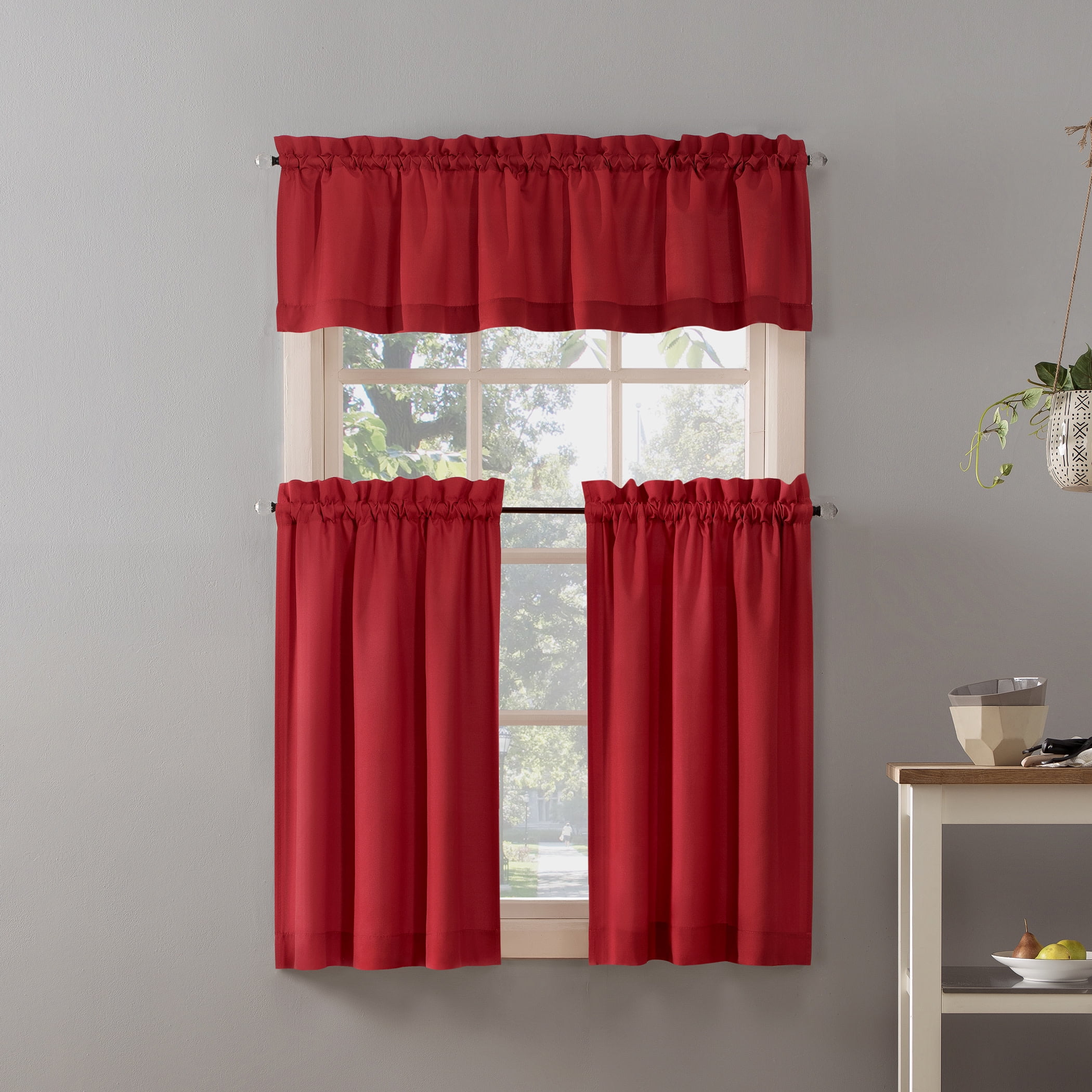 Mainstays 3-Piece Semi Sheer Rod Pocket Kitchen Window Tier Pair and Valance, 2 Café Curtains and 1 Curtain Valance, Red, 54"W x 36"L