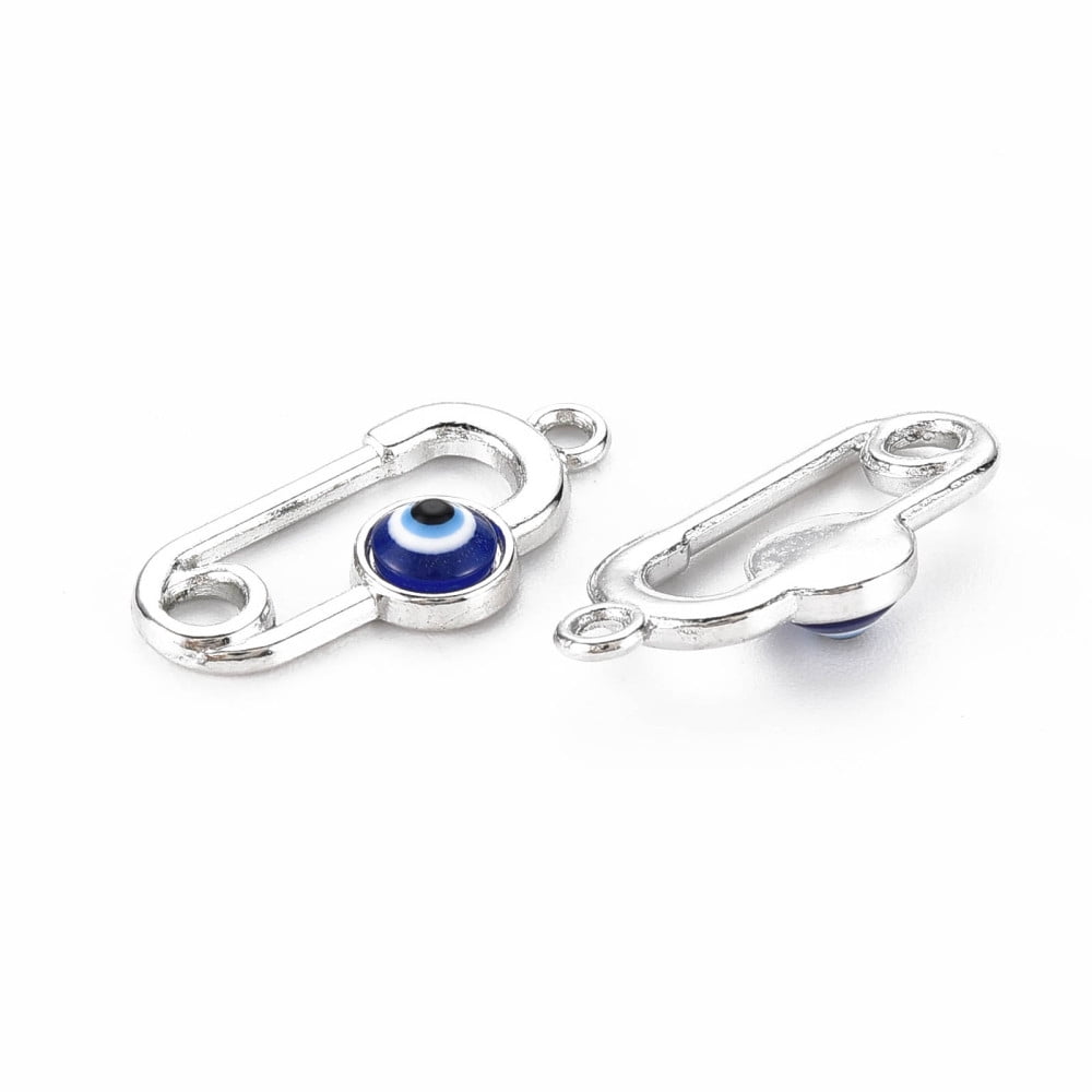 200 pc Alloy Enamel Pendants Platinum Cadmium Free & Lead Free Safety Pin Shape with Evil Eye Dark Blue 23x11.5x4mm Hole: 1.6mm