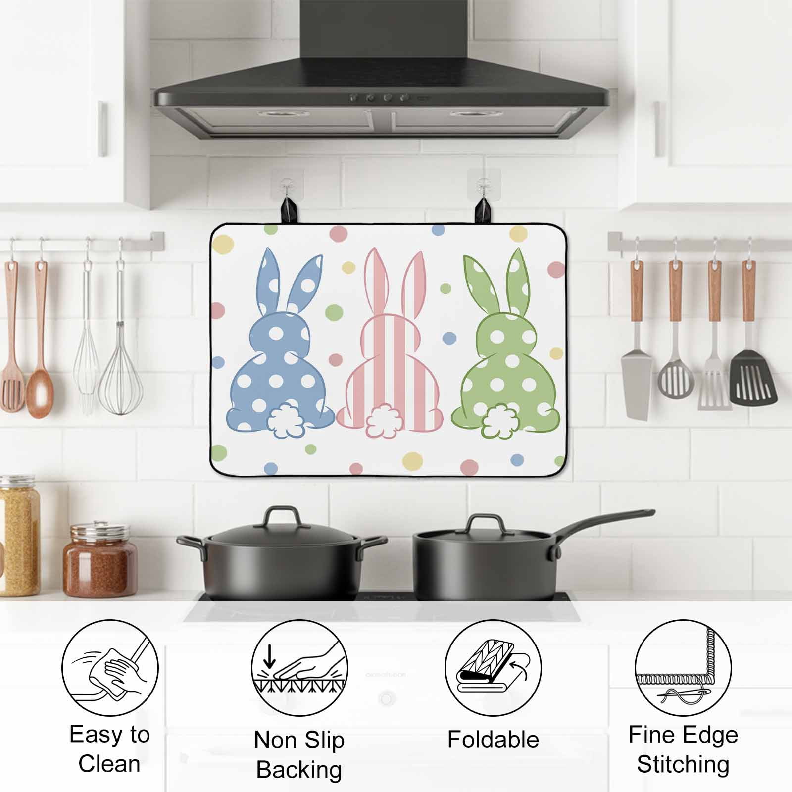 Easter Rabbit Stove Top Cover for Electric Stove, Heat-proof & Non Slip Glass Top Stove Cover Protector, Pink Blue Green Bunny Spring Polka Dots Kitchen Flat Cooktop Rubber Mat 24x21 Inches